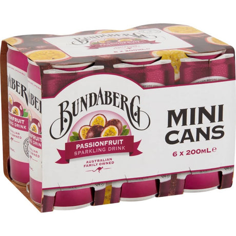 A vibrant mini can of Bundaberg Passionfruit Soft Drink, showcasing its tropical flavor and authentic passionfruit aroma.