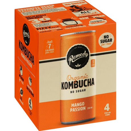 A bottle of Remedy Organic Kombucha Mango Passionfruit, featuring mango and passionfruit flavors, rich in probiotics and organic ingredients.