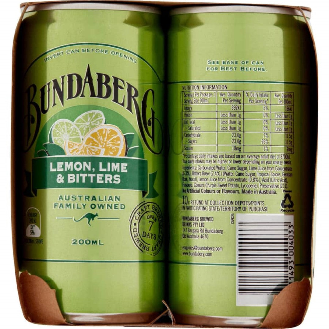 Sparkling Bundaberg Lemon, Lime & Bitters 200ml bottle showcasing zesty citrus and aromatic bitters for a refreshing drink.