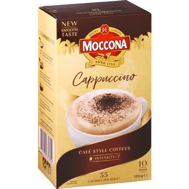 Moccona Coffee Sachets Cappuccino: rich, chocolatey flavor for a frothy, indulgent coffee experience with easy preparation.