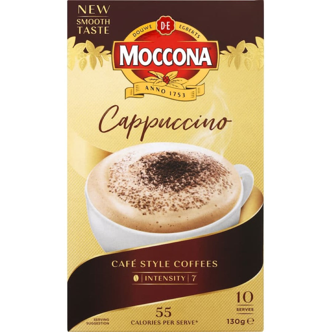 Moccona Coffee Sachets Cappuccino featuring rich chocolatey notes, frothy texture, and convenient preparation for indulgent moments.