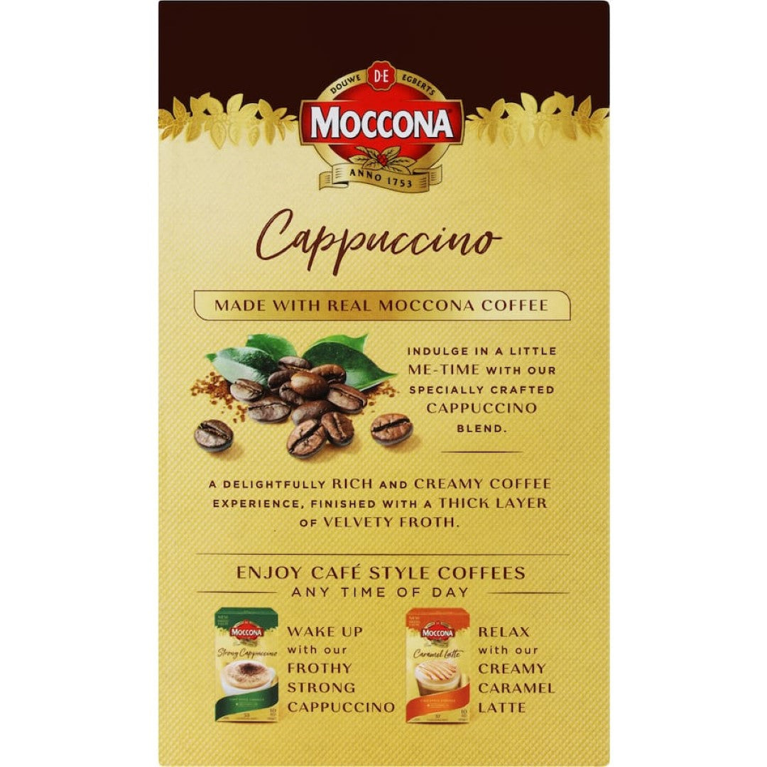 Moccona Coffee Sachets Cappuccino, rich and creamy, transforms into a frothy cup with just hot water for indulgent moments.