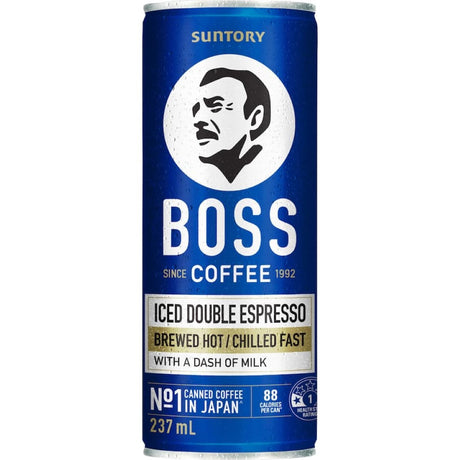 A sleek can of Boss Iced Coffee Double Espresso, delivering bold flavor and refreshing energy for coffee lovers on the go.