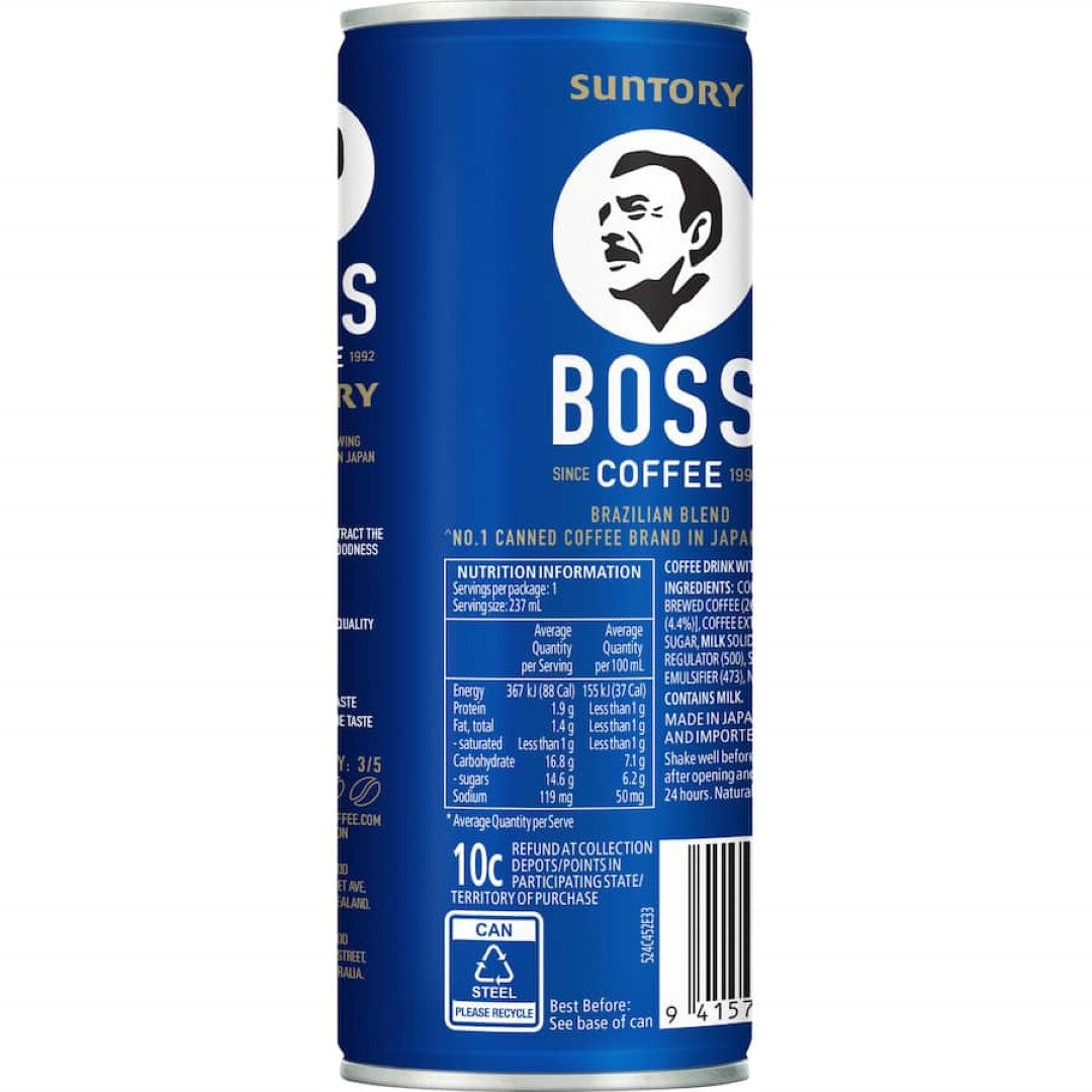 A refreshing can of Boss Iced Coffee Double Espresso, featuring bold flavor and smooth double espresso for an energizing boost.