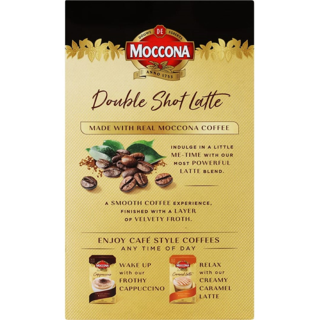 Moccona Double Shot Latte sachets provide a creamy, frothy coffee experience, gluten-free and 100% recyclable packaging.