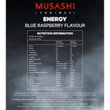 Musashi Energy Drink Blue Raspberry Zero Sugar - a zero-calorie drink enhancing focus and performance with bold blue raspberry flavor.