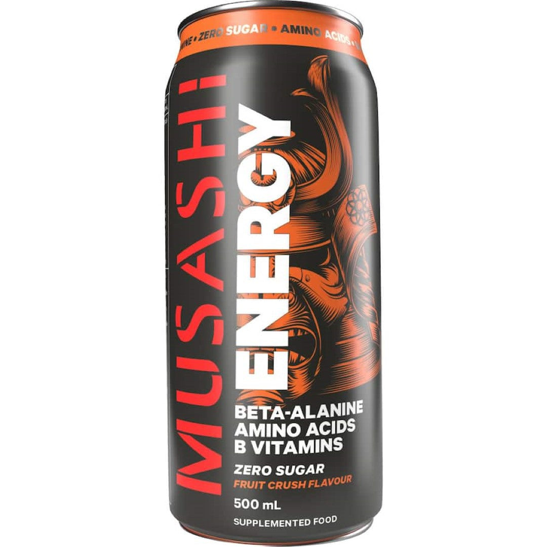 Musashi Energy Drink Fruit Crush Zero Sugar, a fruity energy booster for workouts, with zero sugar and performance-enhancing ingredients.