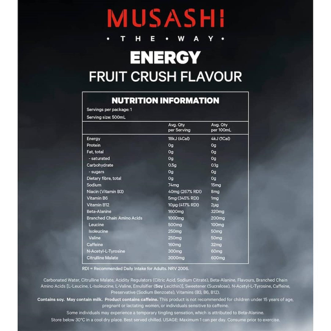 Musashi Energy Drink Fruit Crush Zero Sugar: Refreshing, guilt-free energy boost with fruity flavors for enhanced performance.