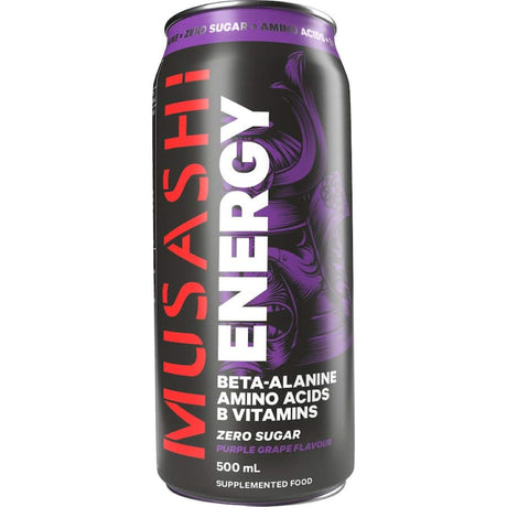 Musashi Energy Drink Purple Grape Zero Sugar offers a refreshing boost with zero sugar, enhancing focus and performance in workouts.