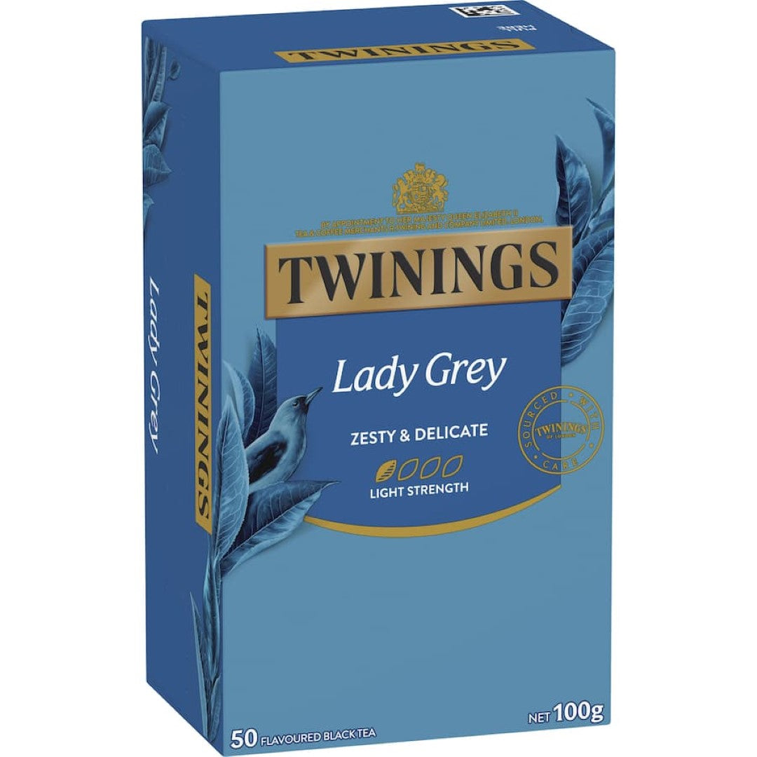 Twinings Tea Lady Grey blend, featuring premium black tea with citrus notes of bergamot, orange, and lemon in eco-friendly bags.