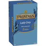 Twinings Tea Lady Grey blend, featuring premium black tea with citrus notes of bergamot, orange, and lemon in eco-friendly bags.