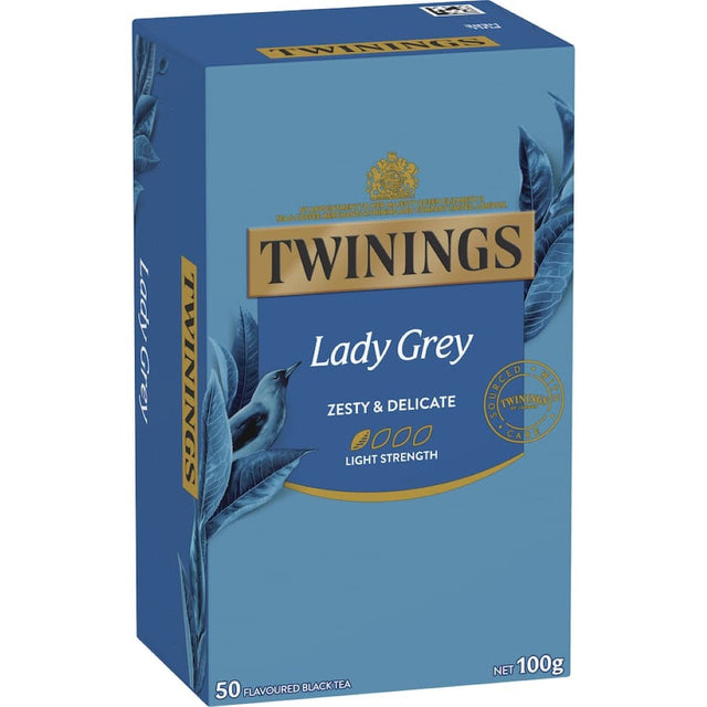 Twinings Tea Lady Grey blend, featuring premium black tea with citrus notes of bergamot, orange, and lemon in eco-friendly bags.