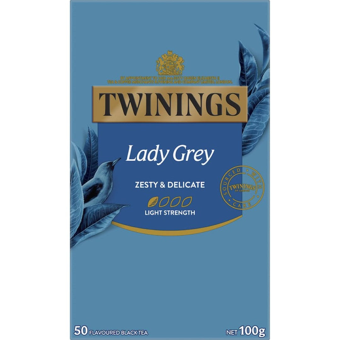 Twinings Tea Lady Grey: elegant black tea blend with citrus notes of bergamot, orange, and lemon in eco-friendly bags.