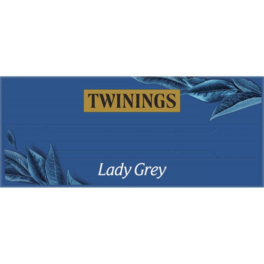 Twinings Tea Lady Grey: Elegant black tea with bergamot, orange, and lemon notes in eco-friendly compostable bags.
