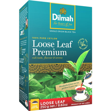 Dilmah Loose Leaf Tea Premium Ceylon: 250g of exquisite single-origin black tea with rich flavor, aroma, and ethical sourcing.