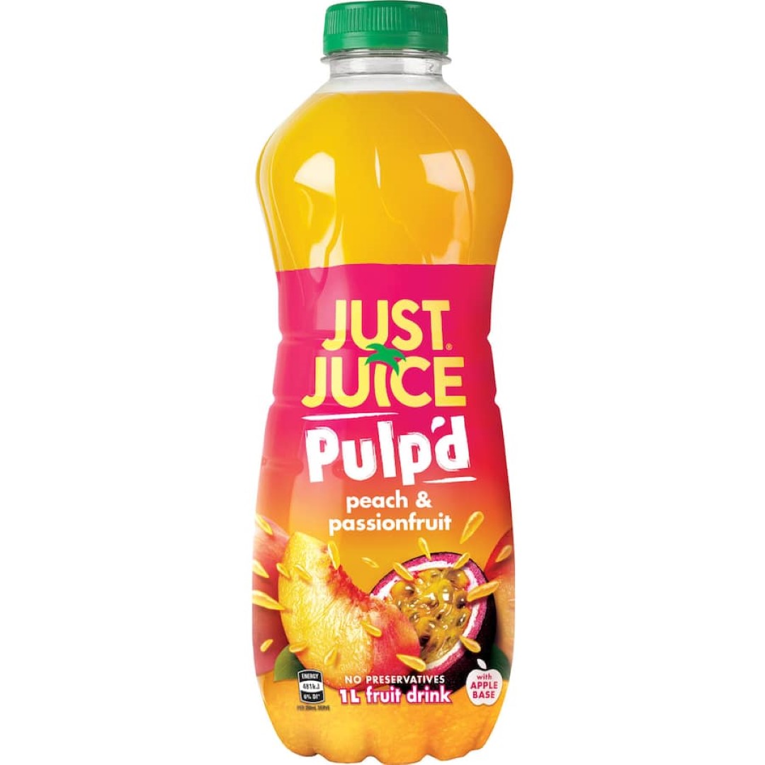 Just Juice Pulp'd Peach & Passionfruit: vibrant fruit juice blend with no added sugars, rich in vitamins, perfect for any time.