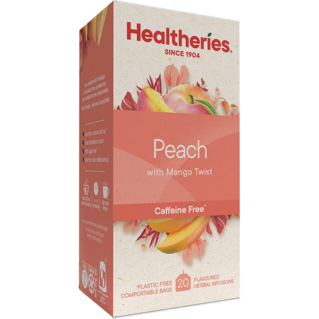 Healtheries Fruit Tea in Peach & Mango flavors, featuring vibrant fruit infusion in convenient tea bags, caffeine-free delight.