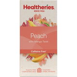 A vibrant tea box featuring Healtheries Peach & Mango Fruit Tea, rich in antioxidants and caffeine-free.