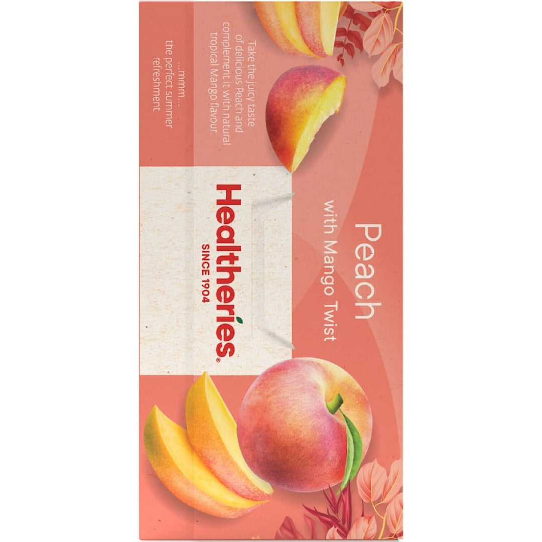 A box of Healtheries Fruit Tea featuring Peach and Mango flavors, crafted for a refreshing, caffeine-free experience.