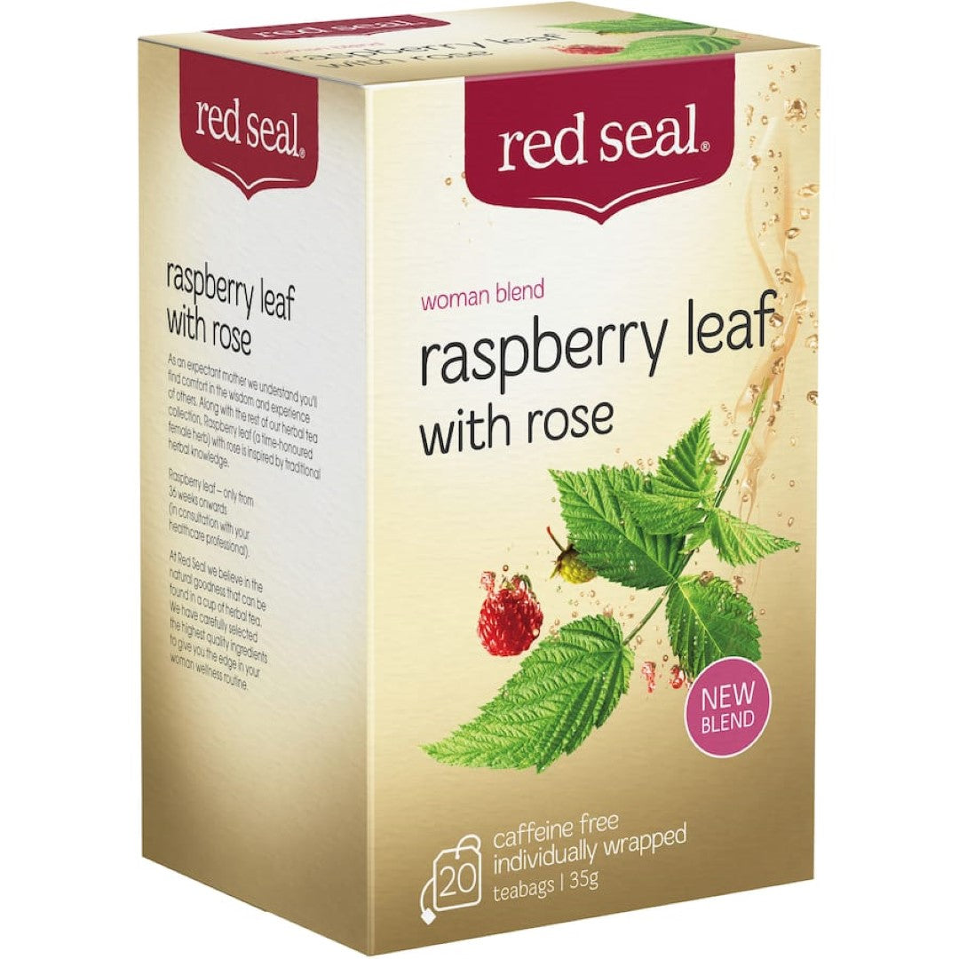 Raspberry leaf and rose herbal tea blend for relaxation, wellness, and feminine health support, certified organic and caffeine-free.