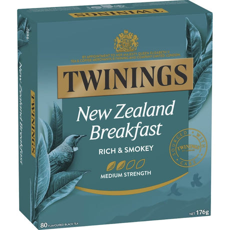 Twinings Tea New Zealand Breakfast blend in a compostable tea bag, offering rich, smoky flavors from Assam, Africa, and Keemun.