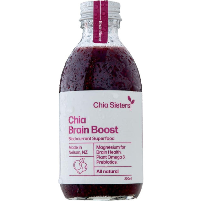 Chia Sisters Brain Boost Blackcurrant drink, packed with chia seeds and blackcurrant for cognitive health and hydration.