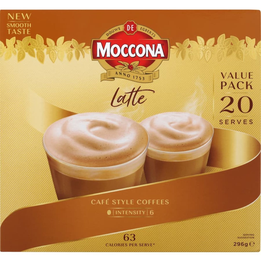 Creamy Moccona Coffee Sachets Latte, just add hot water for a quick, indulgent coffee experience with 62 calories per serve.