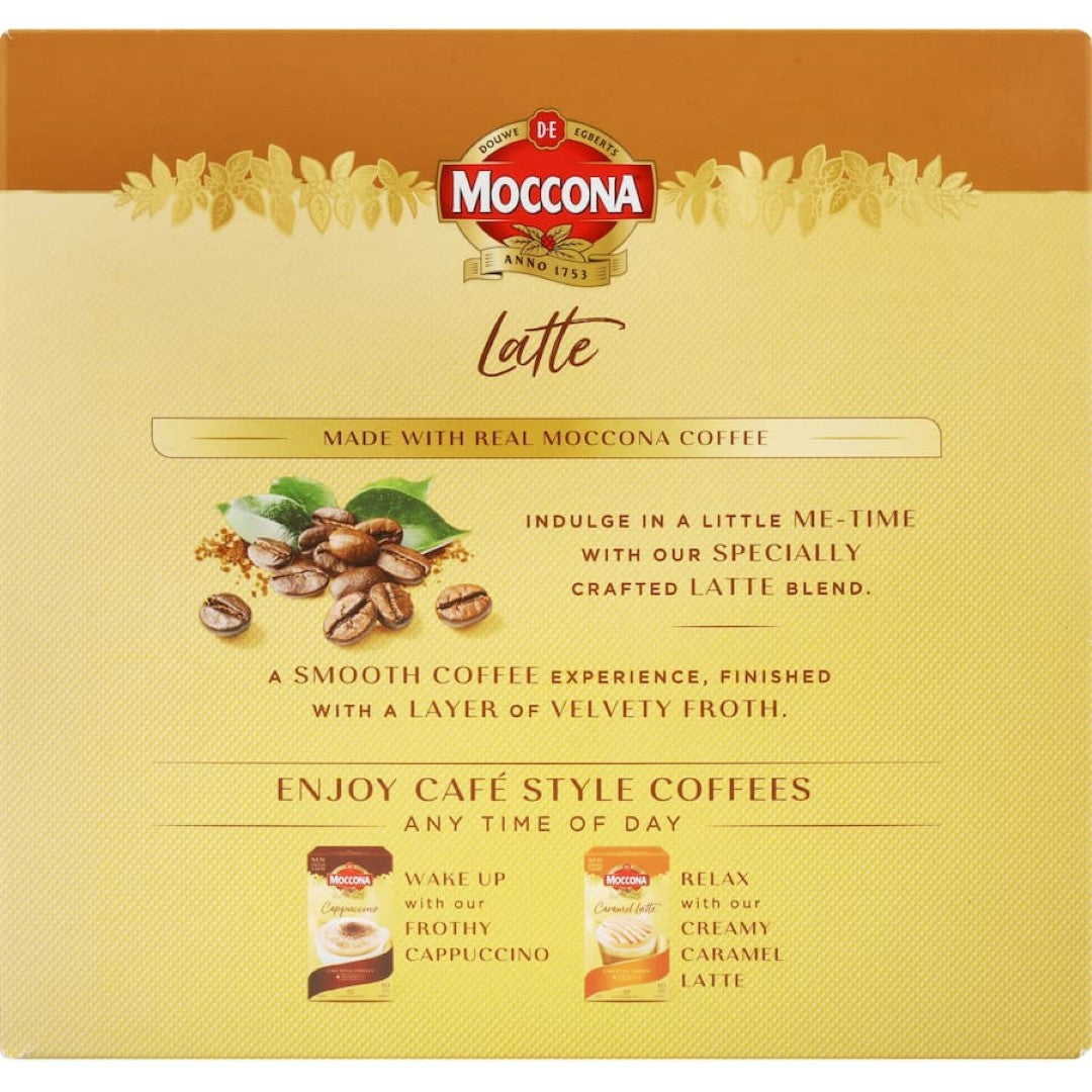 Moccona Coffee Sachets Latte: creamy, gluten-free latte mix for easy preparation, delivering rich flavor in every sip.