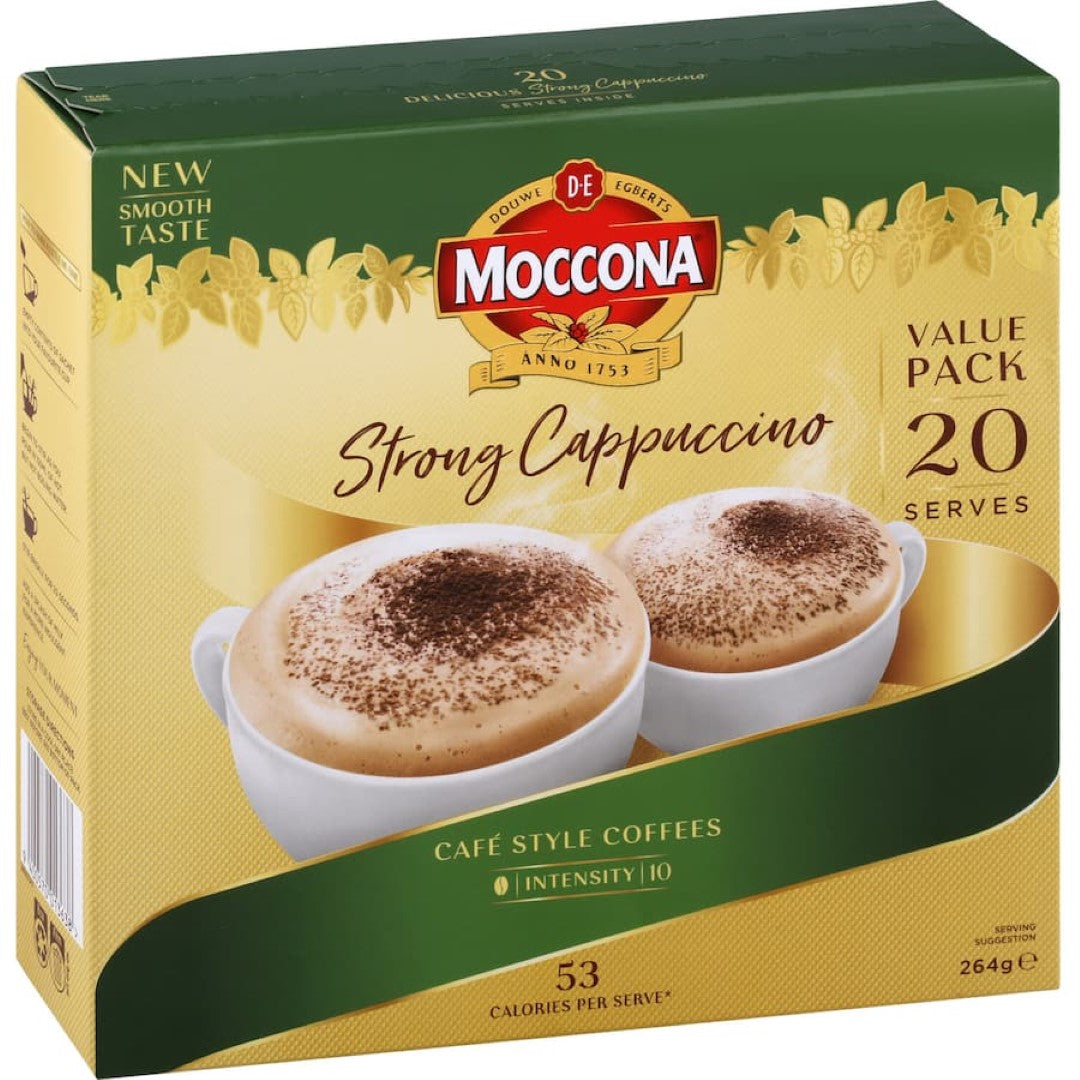 Moccona Coffee Sachets Strong Cappuccino pack, featuring rich, creamy cappuccino with chocolate undertones, 20 gluten-free servings.