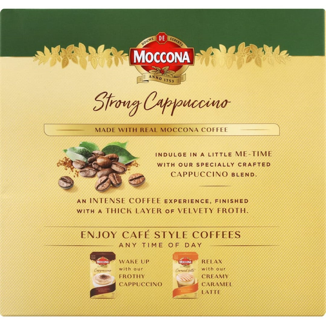 Moccona Coffee Sachets Strong Cappuccino pack of 20, gluten-free, rich bold flavor, just add hot water for a quick treat.