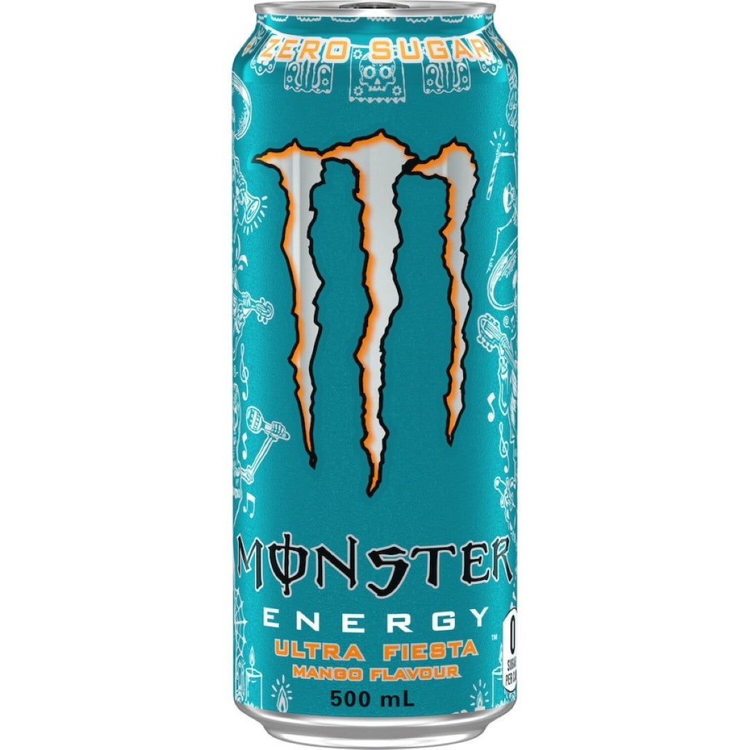 Bold and refreshing Monster Ultra Fiesta Energy Drink, featuring a unique tropical flavor and zero sugar for an energizing boost.