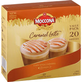 Moccona Caramel Latte sachets offer a rich, creamy coffee experience with sweet caramel flavor; convenient, gluten-free, and recyclable.