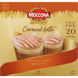 Moccona Caramel Latte sachets, 20 gluten-free coffee packets for a rich, creamy caramel latte with just hot water.