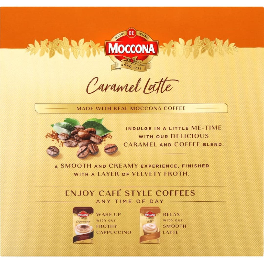 Moccona Caramel Latte sachets offer a creamy, indulgent coffee experience with rich caramel flavor, just add hot water.