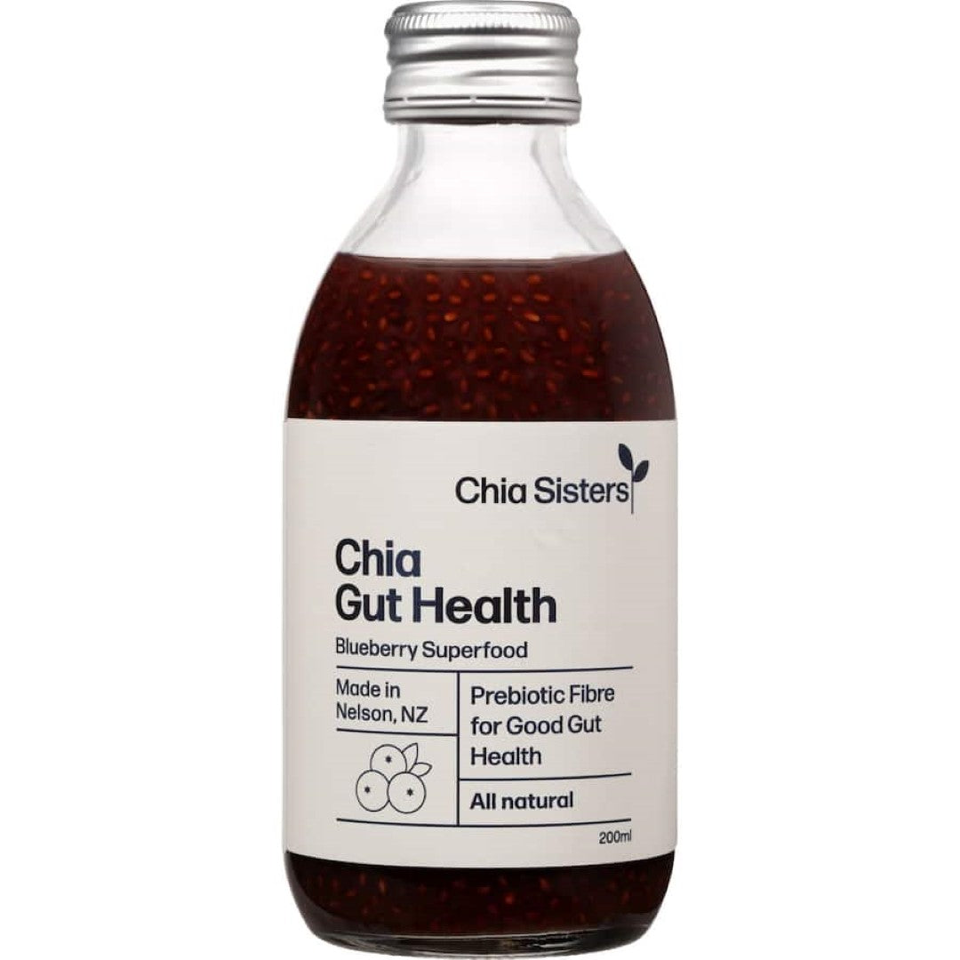 Chia Sisters Blueberry Fruit Drink promoting gut health with natural ingredients, antioxidants, and fiber.