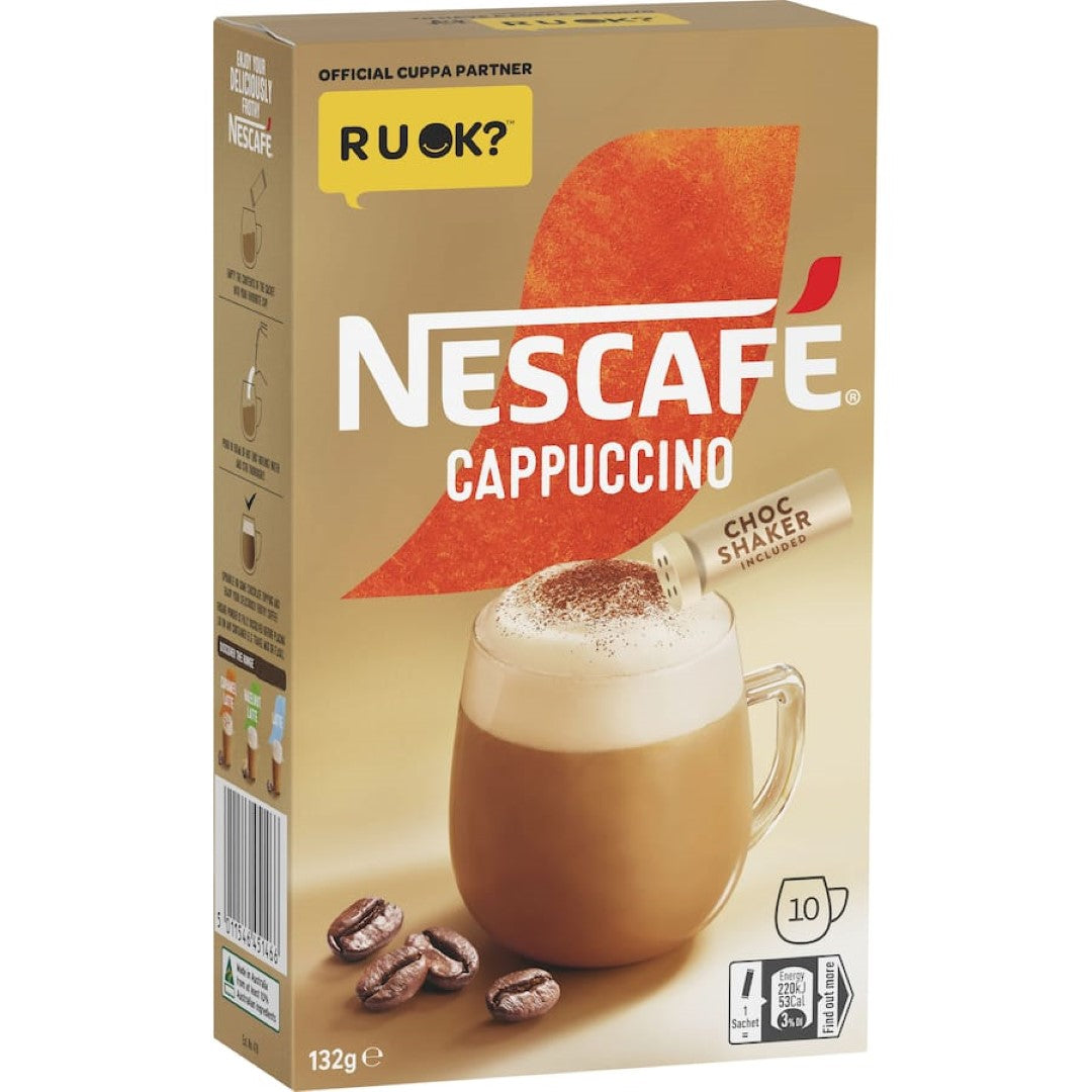 Nescafe Cafe Menu Cappuccino sachets, 10-pack, for creamy, cafe-style coffee at home—just add hot water.