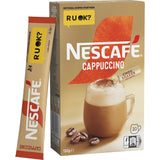 Nescafe Cafe Menu Cappuccino sachets in a 10-pack for rich, creamy coffee anytime, just add hot water.