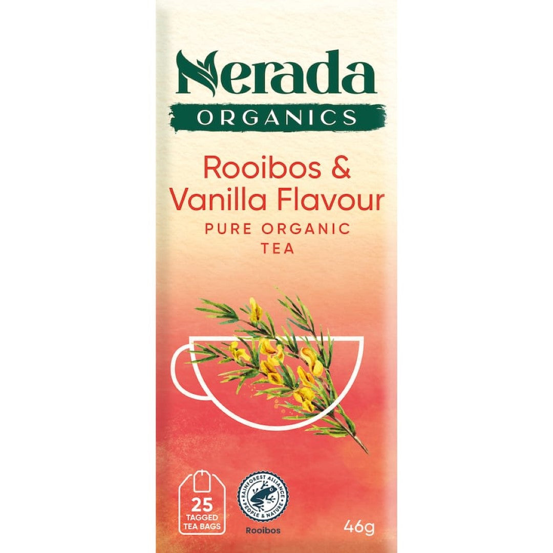 Nerada Organic Herbal Tea Rooibos & Vanilla 25pk, made with organic Rooibos and natural vanilla, caffeine-free and deliciously soothing.