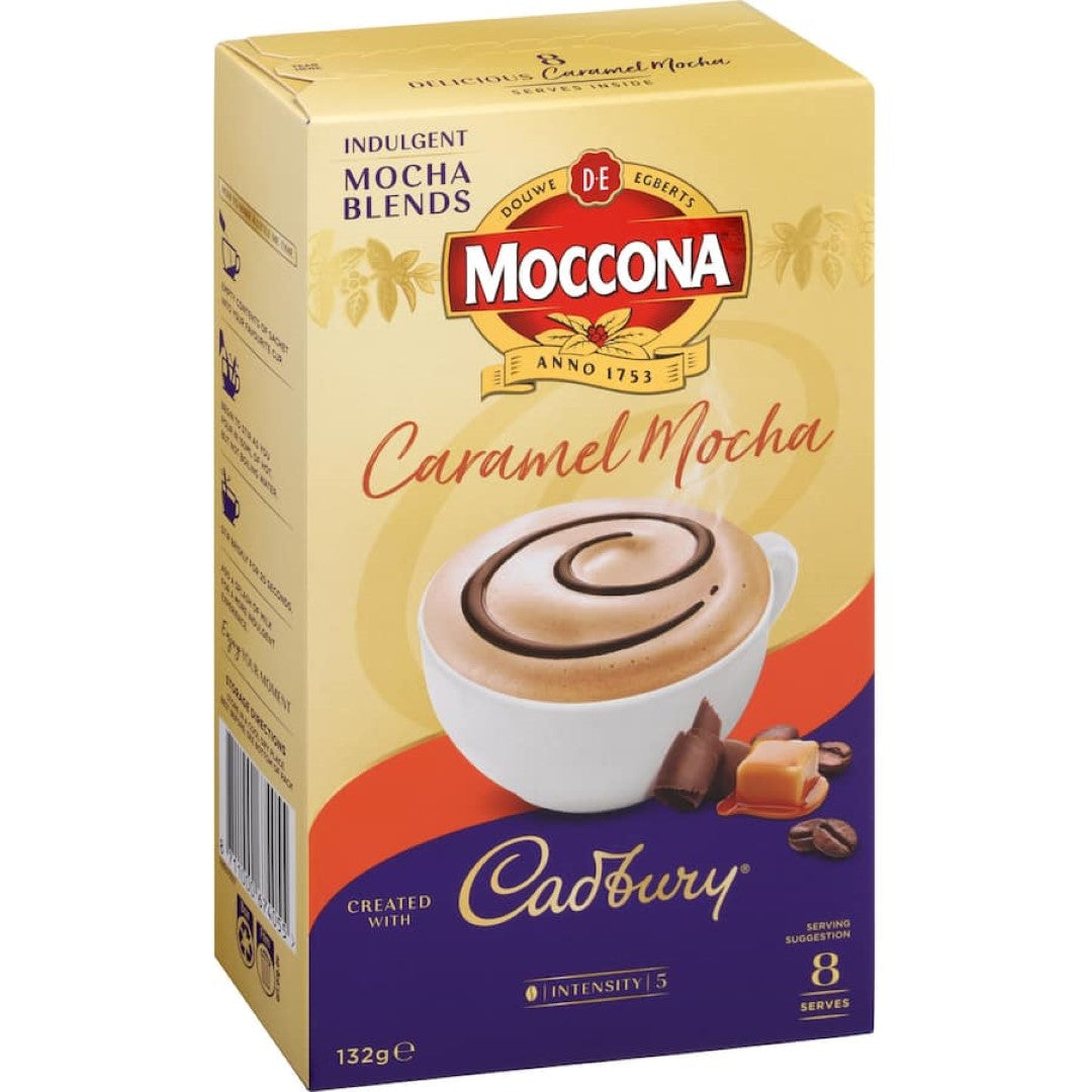 Moccona Coffee Sachets featuring Cadbury Caramel Mocha, rich chocolatey coffee blend, perfect for indulgent moments.