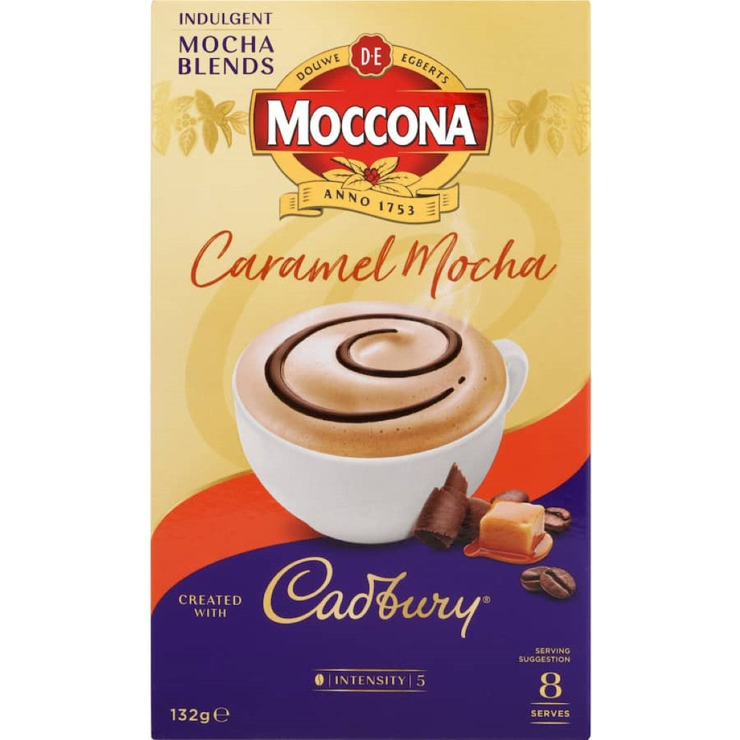 A box of Moccona Coffee Sachets featuring Cadbury Caramel Mocha, perfect for a rich and indulgent coffee experience.