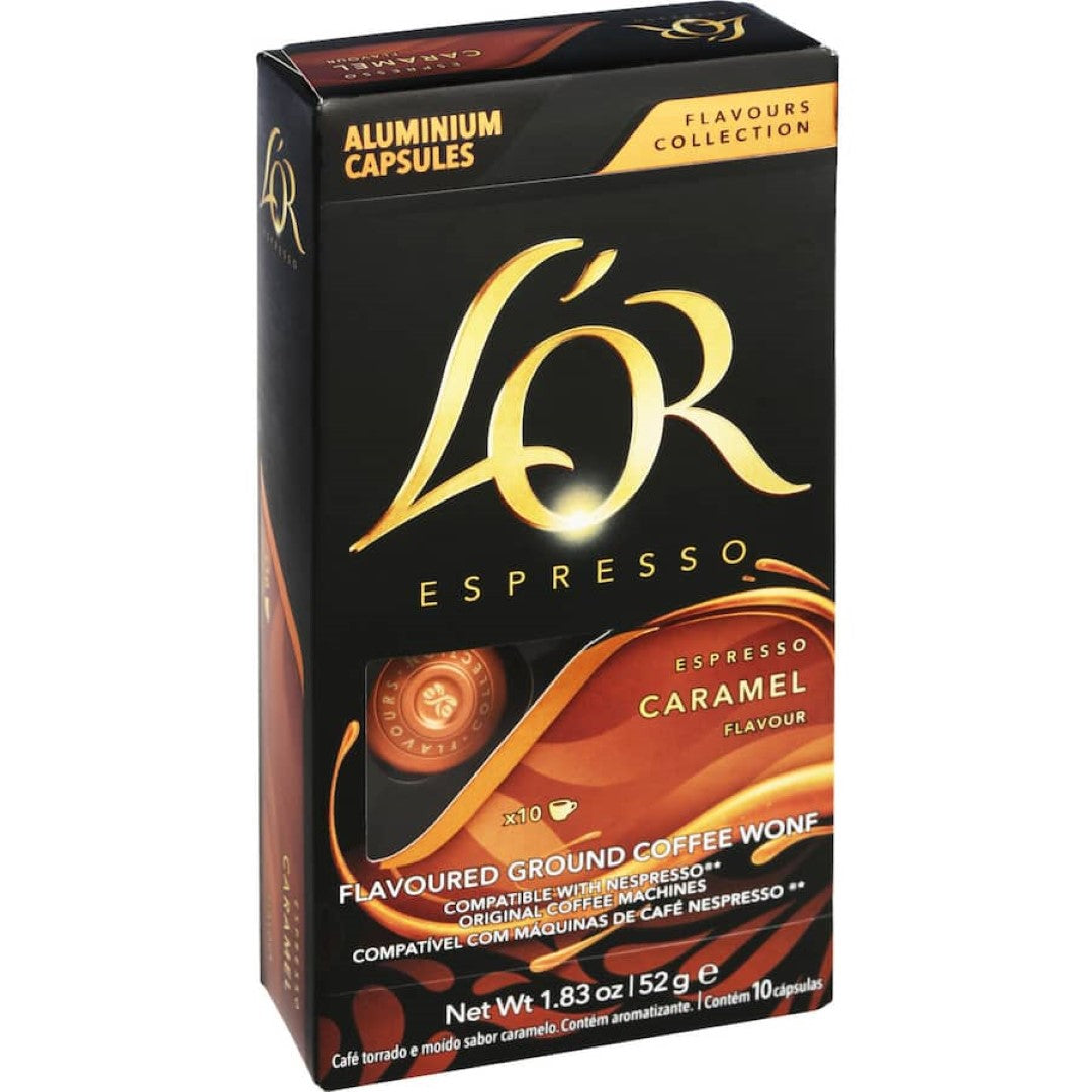 L'or Espresso Caramel capsules featuring rich coffee and velvety caramel flavors in convenient aluminium pods.