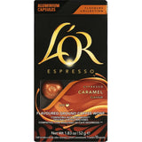 L'or Espresso Caramel capsules feature roasted coffee with rich caramel notes, compatible with Nespresso® machines.