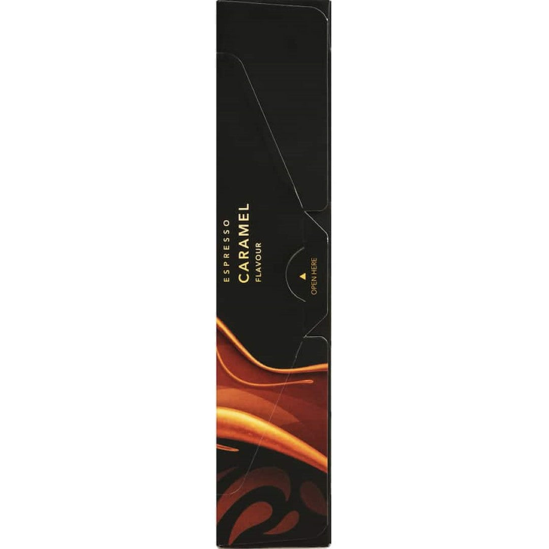 L'or Espresso Caramel capsules feature rich coffee with velvety caramel notes, compatible with Nespresso machines.