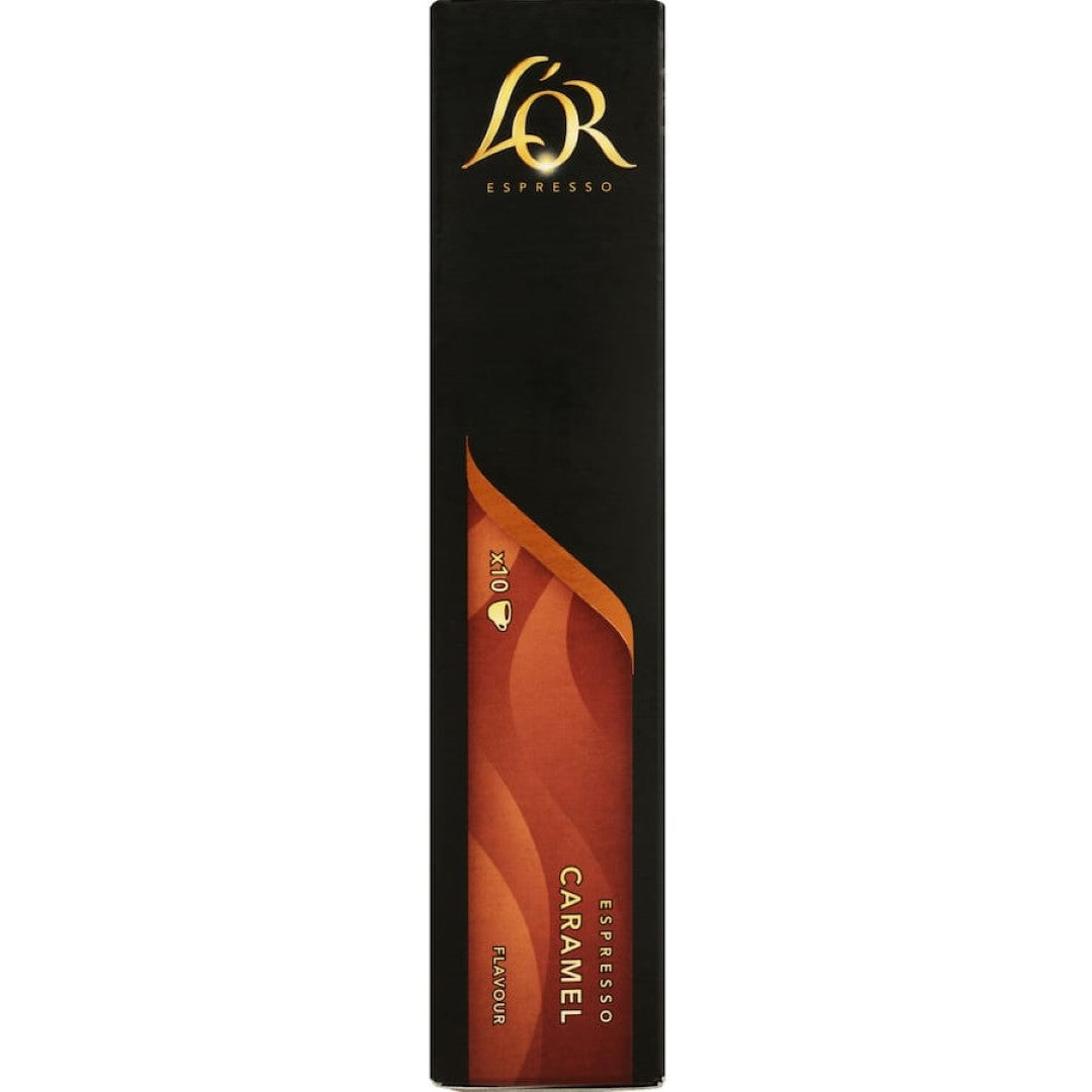 L'or Espresso caramel capsules feature rich coffee with velvety caramel tones, perfect for Nespresso® machines.