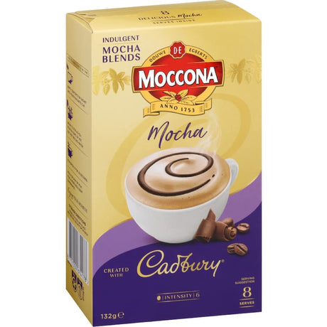 Moccona Cadbury Coffee Sachets Mocha, featuring rich chocolate and coffee blend, perfect for a creamy mocha experience.