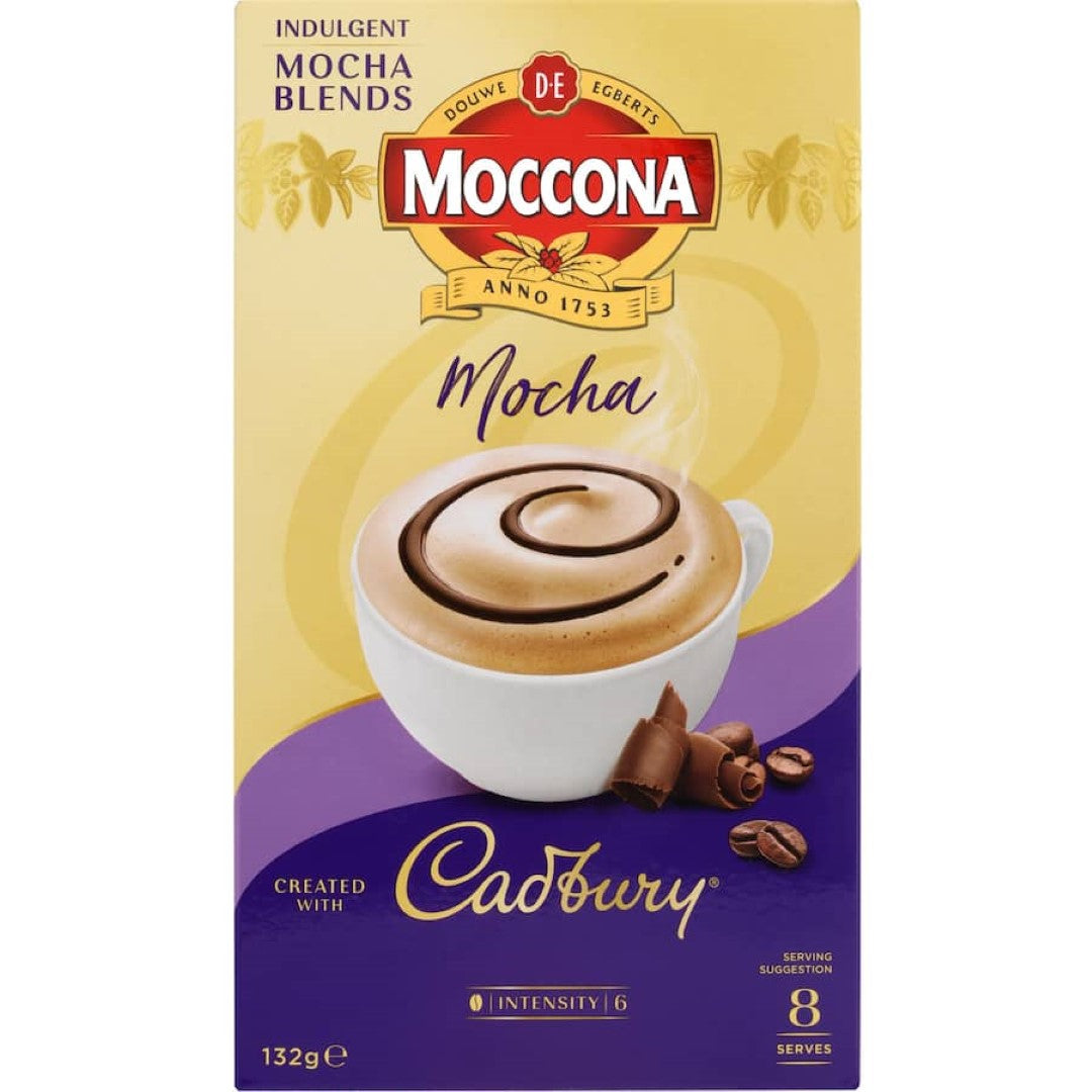 Moccona Cadbury Coffee Sachets Mocha featuring rich chocolate and coffee blend, 8 sachets for easy indulgence.