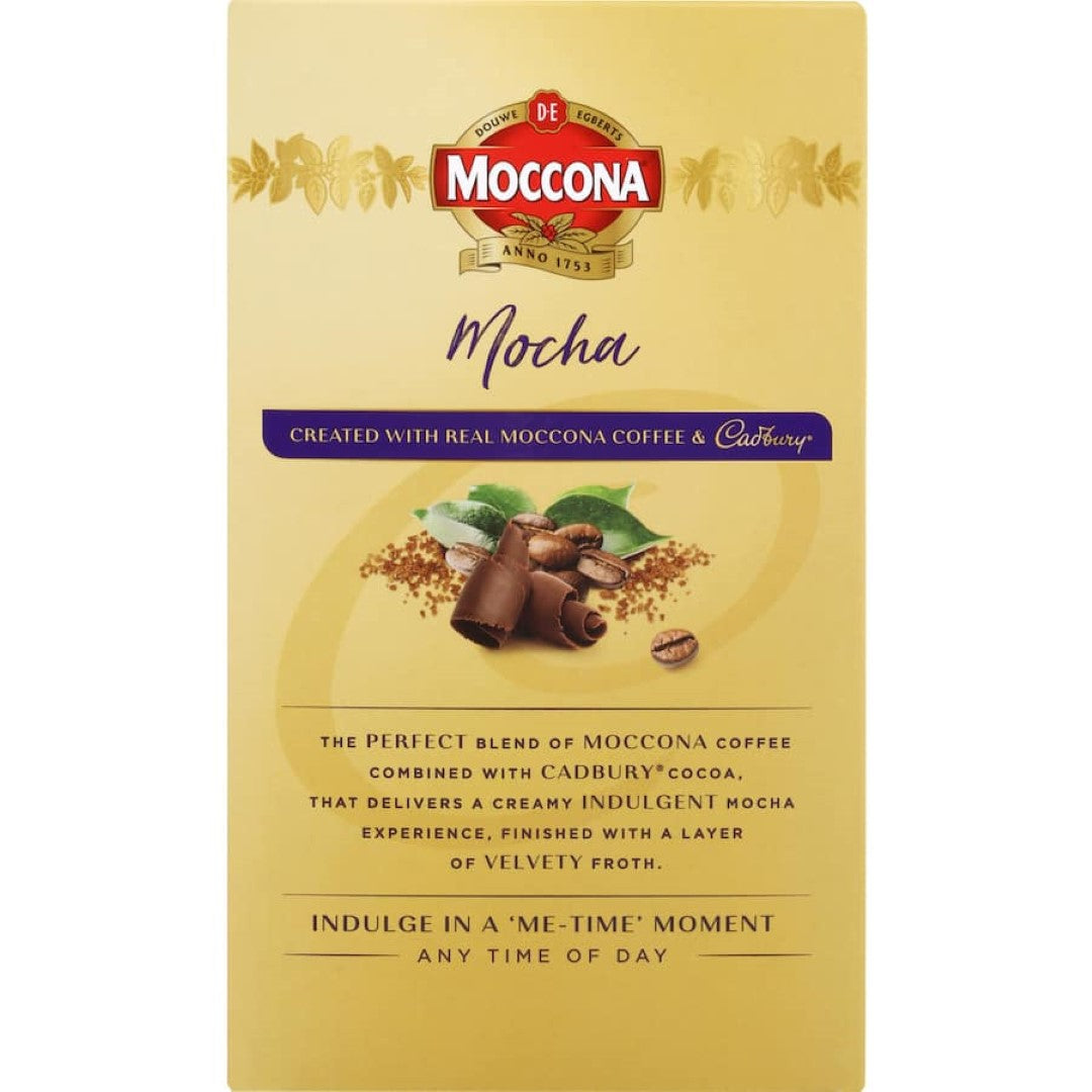 Moccona Cadbury Coffee Sachets Mocha, featuring rich chocolate and coffee blend, perfect for easy indulgence.