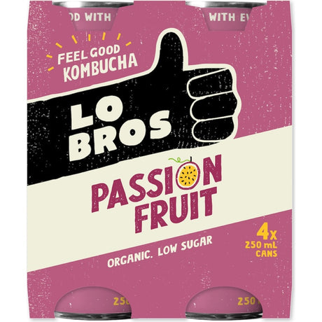 Lo Bros Kombucha Passionfruit: vibrant, probiotic-rich drink bursting with tropical flavor, perfect for health enthusiasts.