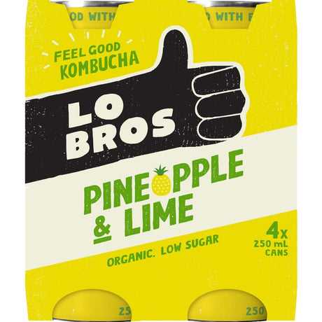 Lo Bros Kombucha Pineapple & Lime: a vibrant drink with tropical pineapple, zesty lime, and probiotics for gut health.