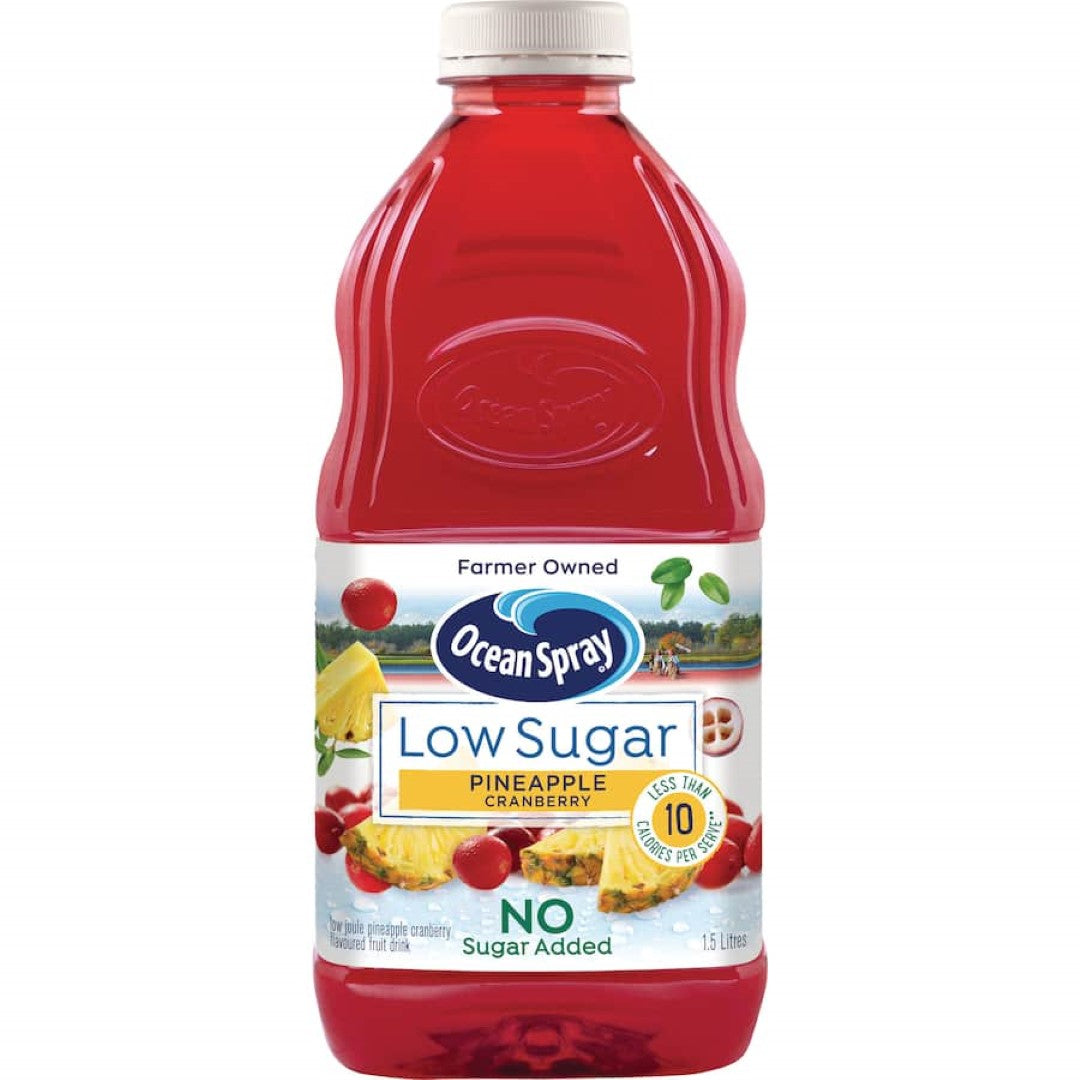 Ocean Spray Low Sugar Fruit Drink featuring pineapple and cranberry flavors in a sleek, convenient package for refreshing hydration.